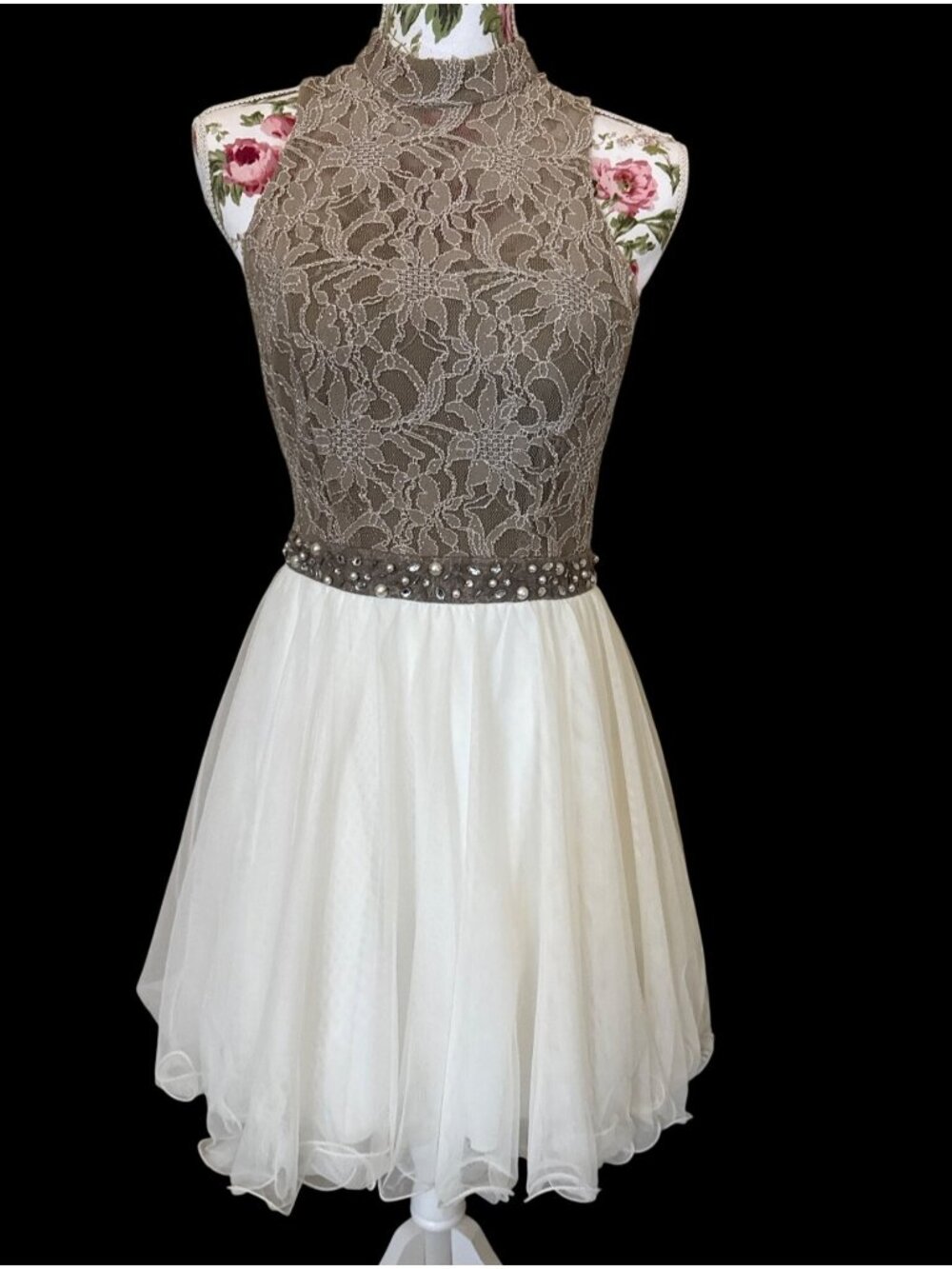 Lace & Tulle High-Neck Sleeveless Dress With Keyhole Back & Beaded Waistband
